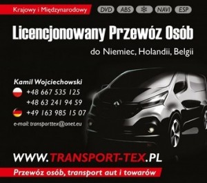 TRANSPORT-TEX Przewóz osób Niemcy, Holandia, Belgia. Codziennie!