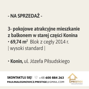 Wysoki standard | 3-Pokoje | Balkon | 69,74 m2 | Stary Konin